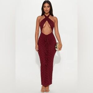 Fashion Nova Tanya Ruffle Lace Maxi Dress - Burgundy Size: XL